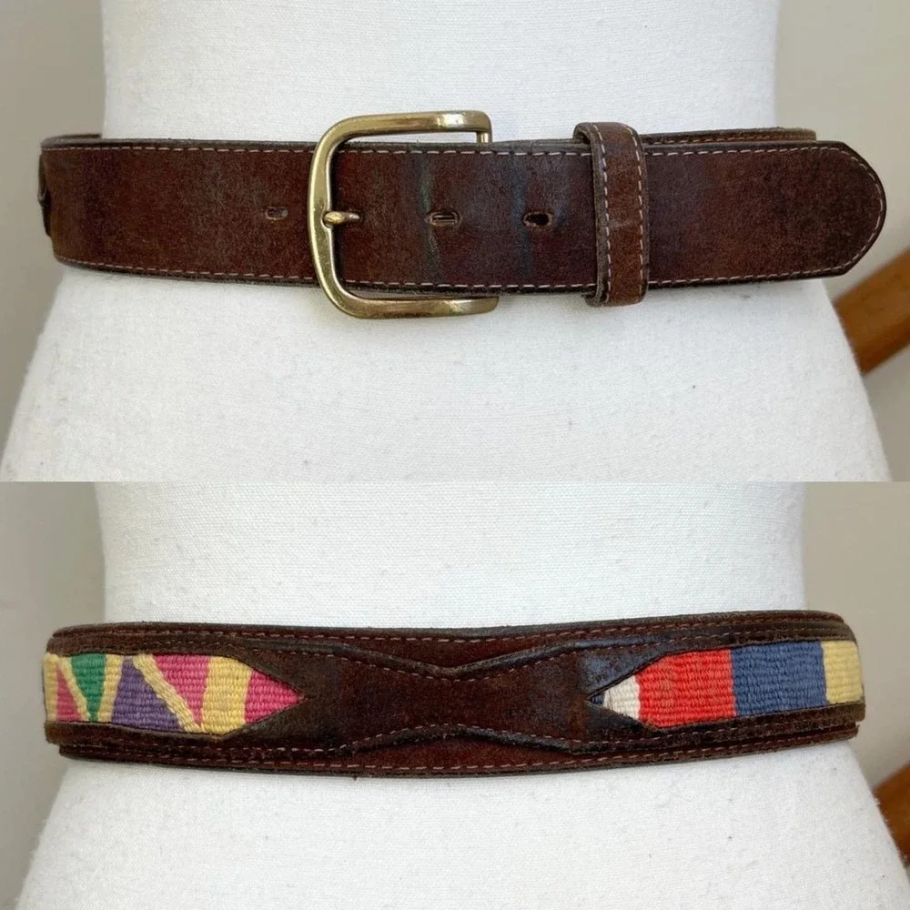 Vintage Brown Leather Statement Belt Colorful Woven Boho Detail‎ Southwestern